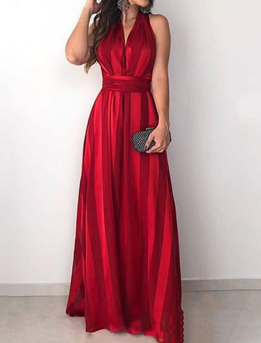 Women's Red Christmas Dress Party Dress New Year's Eve Dress Cocktail Dress Semi Formal Dress Long Dress Red Sleeveless Striped Print Summer Spring V Neck Party Party Spring Dress