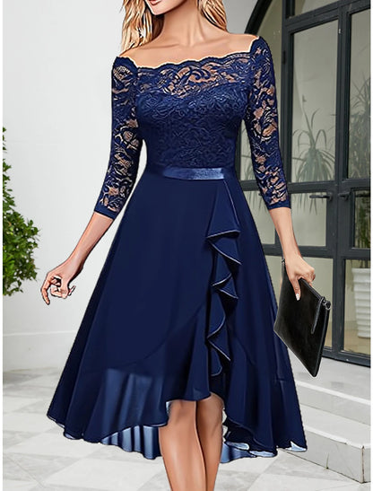 Women's Party Dress Lace Dress Wedding Guest Dress Midi Dress Pink Purple Dark Blue Half Sleeve Pure Color Lace Spring Fall Winter Crew Neck Fashion Winter Dress Wedding Guest Evening Party