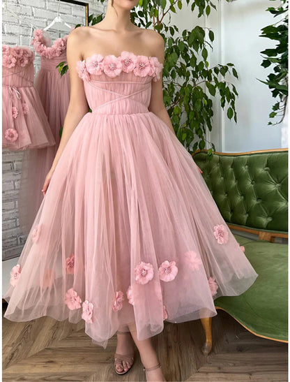 Women's Party Dress Homecoming Dress Cocktail Dress Midi Dress Pink Sleeveless Pure Color Mesh Spring Fall Winter Strapless Fashion Wedding Guest Birthday Vacation