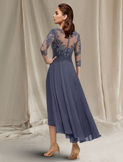 A-Line Mother of the Bride Dress Elegant High Low Jewel Neck Asymmetrical Tea Length Chiffon Lace Short Sleeve Wrap Included with Ruched Sequin Appliques