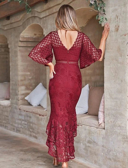 Women's Lace Dress Wedding Guest Dress Party Dress Sheath Dress Lace Midi Dress White Red Wine Dark Blue Half Sleeve Pure Color Pure Color Fall Spring Sweetheart Elegant