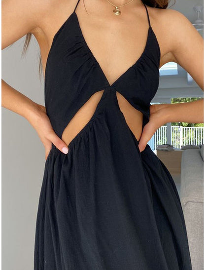 Women's Vintage Dress Party Dress Cocktail Dress Midi Dress Black Sleeveless Plain Backless Summer Spring Fall Spaghetti Strap Elegant Wedding Guest Vacation Spring Dress