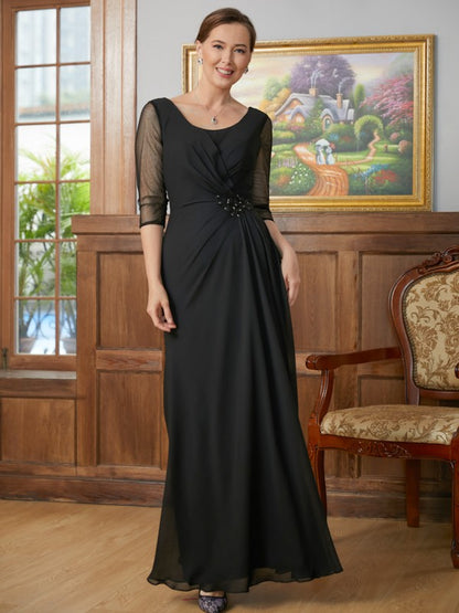 A-Line/Princess Chiffon Ruched Scoop 3/4 Sleeves Floor-Length Mother of the Bride Dresses