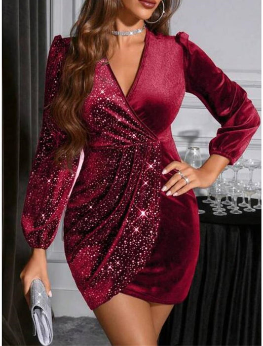 Women's Red Velvet Dress Red Christmas Dress Party Dress Cocktail Dress Mini Dress Wine Long Sleeve Pure Color Ruched Spring Fall Winter V Neck Winter Dress Christmas