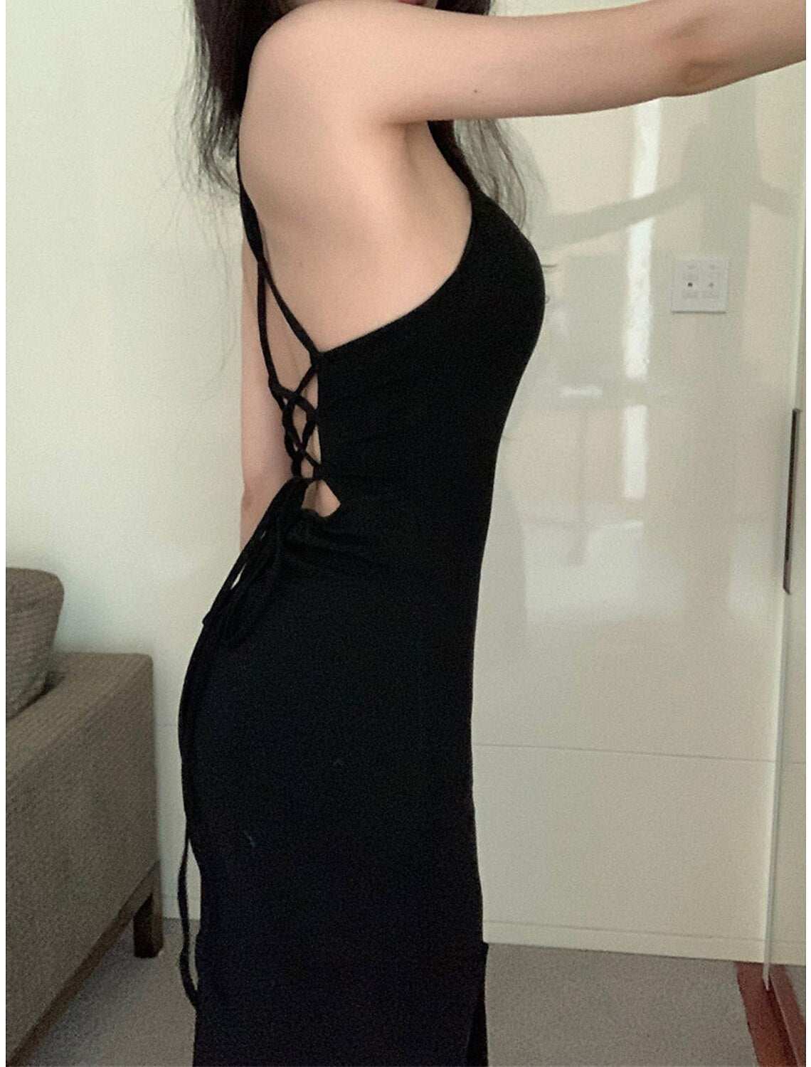 Women's Little Black Dress Party Dress Cocktail Dress Midi Dress Black Blue Gray Sleeveless Pure Color Backless Spring Fall Winter Spaghetti Strap Fashion Wedding Guest