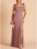 Sheath / Column Bridesmaid Dress Square Neck Sleeveless Pink Floor Length Stretch Chiffon with Split Front / Ruching