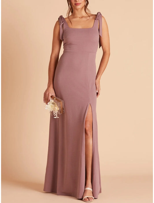 Sheath / Column Bridesmaid Dress Square Neck Sleeveless Pink Floor Length Stretch Chiffon with Split Front / Ruching