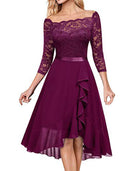 Women's Party Dress Lace Dress Wedding Guest Dress Midi Dress Pink Purple Dark Blue Half Sleeve Pure Color Lace Spring Fall Winter Crew Neck Fashion Winter Dress Wedding Guest Evening Party