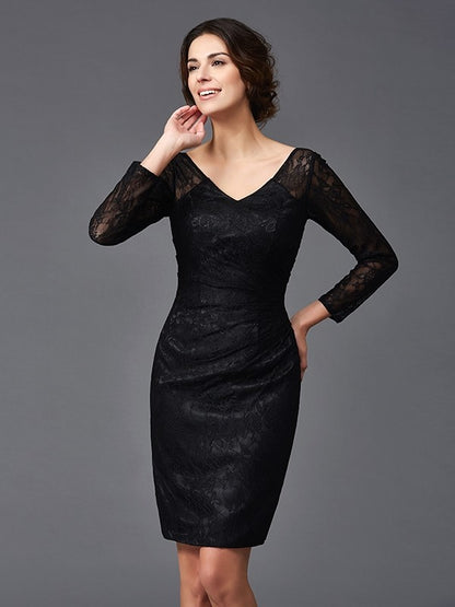 Sheath/Column V-neck Lace Long Sleeves Short Elastic Woven Satin Mother of the Bride Dresses