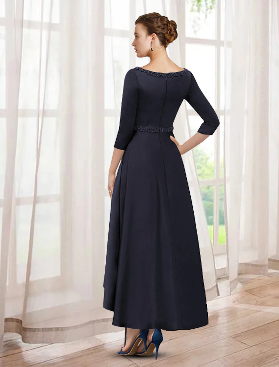 A-Line Mother of the Bride Dress Elegant High Low V Neck Asymmetrical Tea Length Satin Half Sleeve with Beading