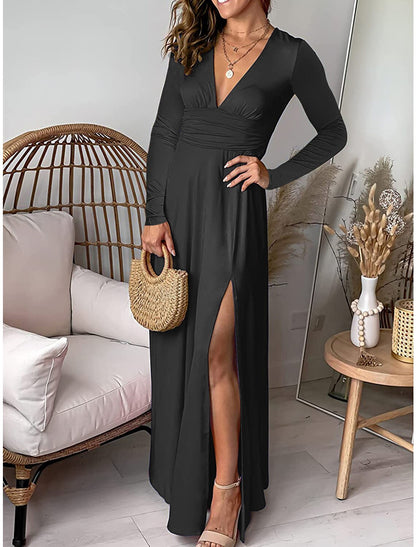 Women's Black Dress Party Dress Wedding Guest Dress Long Dress Maxi Dress Black Pink Wine Long Sleeve Pure Color Ruched Spring Fall Winter V Neck Fashion Winter Dress Wedding Guest Evening Party