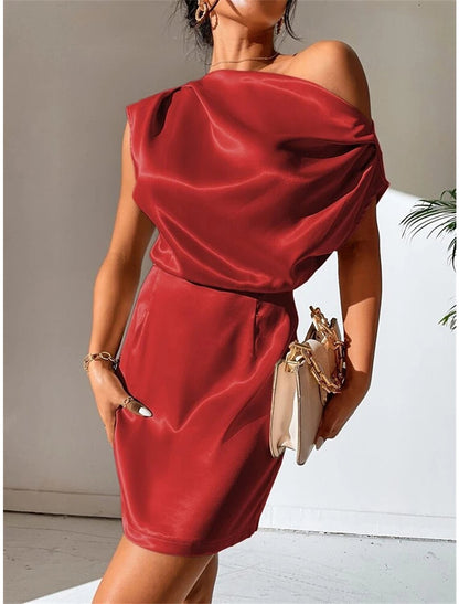 Women's Party Dress Cocktail Dress Wedding Guest Dress Mini Dress Black Pink Red Sleeveless Plain Ruched Spring Fall Winter One Shoulder Formal Winter Dress Wedding Guest Vacation