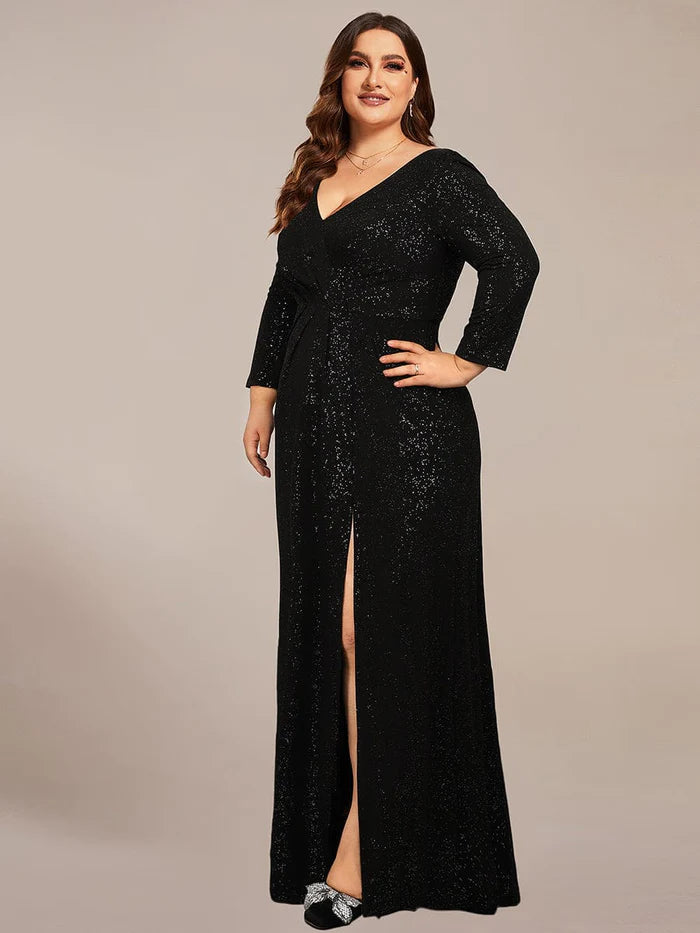 Plus Size Sparkling Long Sleeves Double V-Neck Sequin Evening Dress