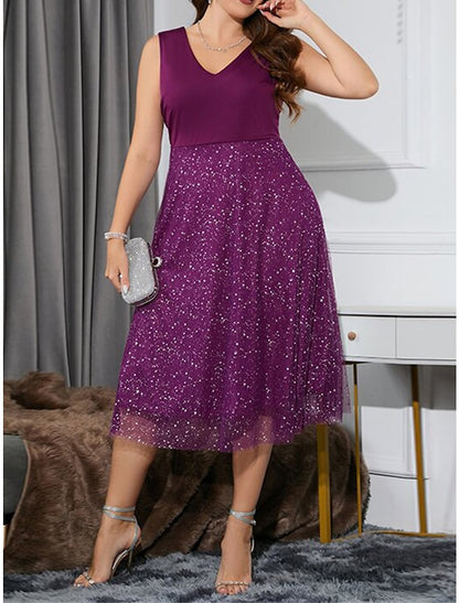 Women's Plus Size Curve Party Dress Cocktail Dress Wedding Guest Dress Midi Dress Dark Green Purple Sleeveless Polka Dot Mesh Spring Fall Winter V Neck Fashion Birthday Wedding Guest Vacation