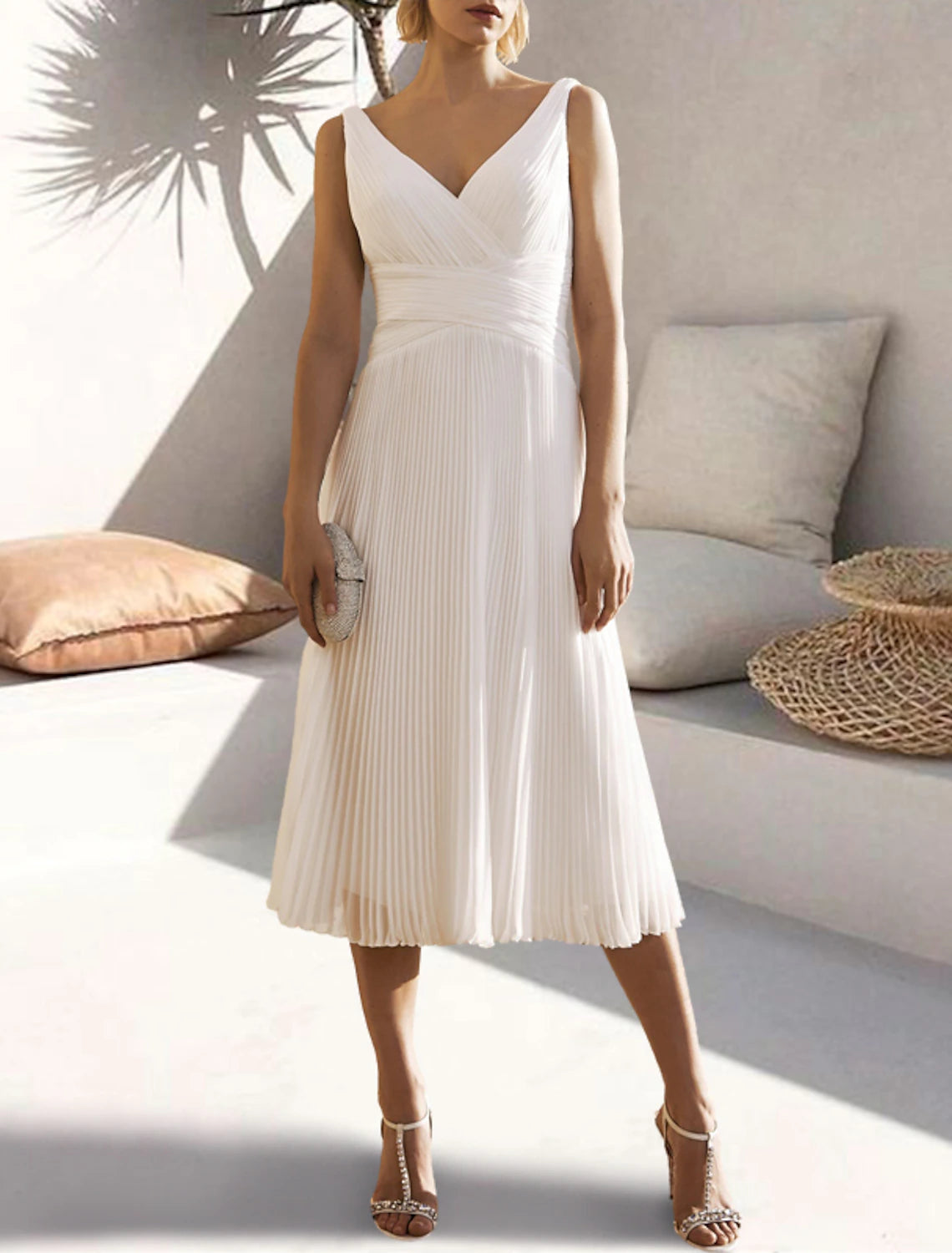 A-Line Cocktail Dresses Open Back Dress Formal Wedding Guest Tea Length Sleeveless V Neck Chiffon with Ruched Pure Color