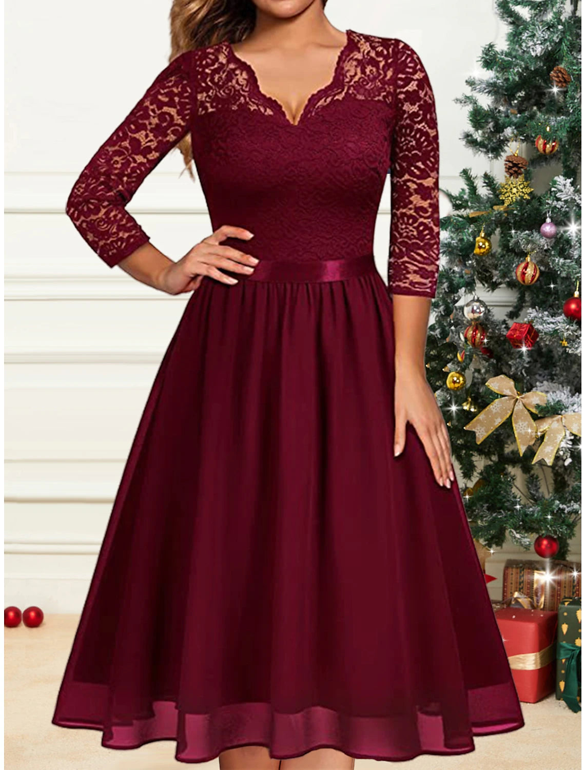 Women's Party Dress Lace Dress Cocktail Dress Midi Dress Wine Half Sleeve Pure Color Lace Spring Fall Winter V Neck Elegant Wedding Guest Birthday