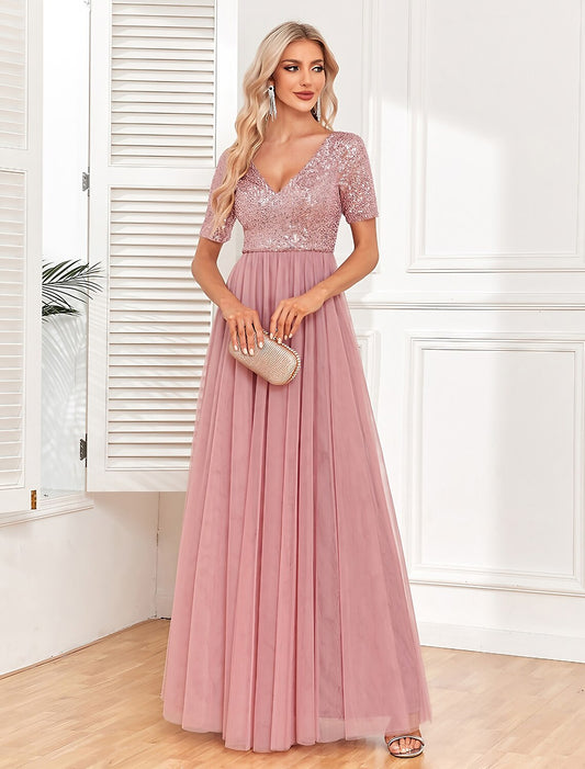 Women's Sequin Dress Party Dress Cocktail Dress Long Dress Maxi Dress Pink Short Sleeve Pure Color Zipper Summer Spring Fall V Neck Formal Evening Party