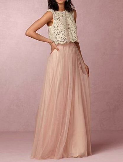 A-Line Bridesmaid Dress Jewel Neck Sleeveless Two Piece Floor Length Chiffon / Lace with Pleats