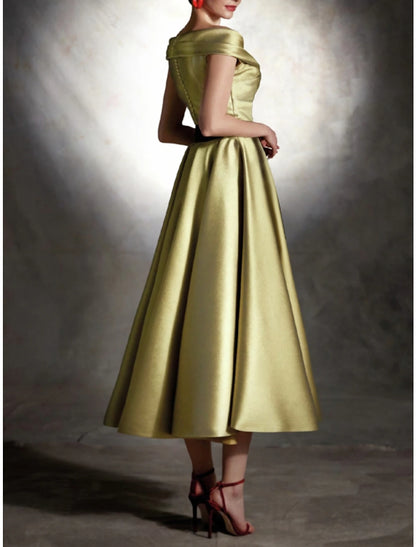 A-Line Cocktail Dresses Party Dress Formal Fall Tea Length Sleeveless Off Shoulder Satin with Pleats Ruched