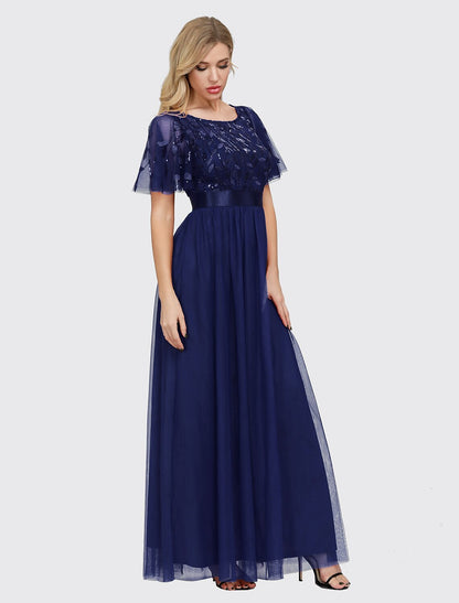 A-Line Empire Elegant Party Wear Prom Dress Jewel Neck Short Sleeve Floor Length Tulle with Embroidery / Illusion Sleeve