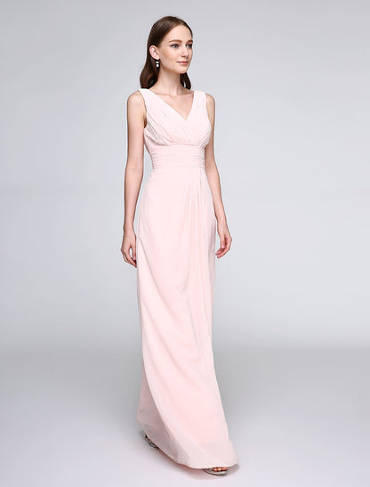 Sheath / Column Bridesmaid Dress V Neck Sleeveless Elegant Floor Length Chiffon with Criss Cross / Ruched