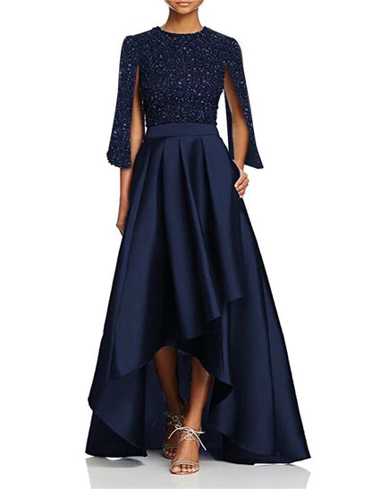 A-Line Cocktail Dresses Elegant Dress Wedding Party Church Tea Length Long Sleeve Jewel Neck Pocket Sequined with Slit