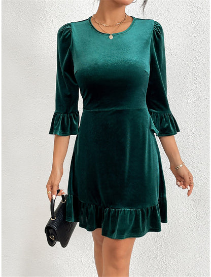 Women's Velvet Dress Green Christmas Party Dress Cocktail Dress Mini Dress Dark Green 3/4 Length Sleeve Pure Color Ruffle Spring Fall Winter Crew Neck Winter Dress