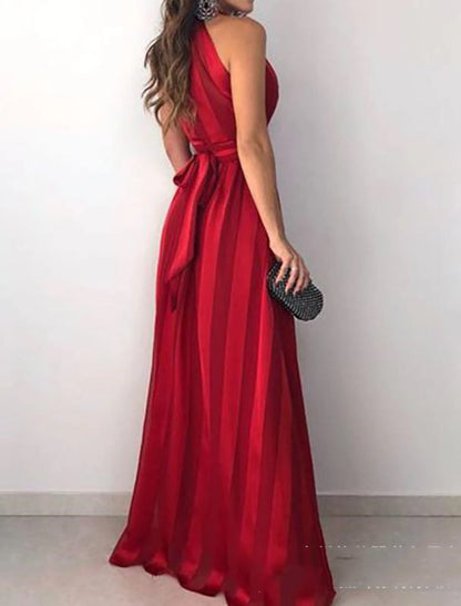 Women's Red Christmas Dress Party Dress New Year's Eve Dress Cocktail Dress Semi Formal Dress Long Dress Red Sleeveless Striped Print Summer Spring V Neck Party Party Spring Dress