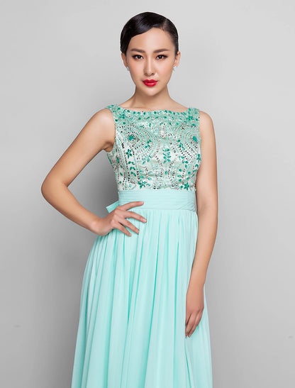 A-Line Beaded & Sequin Holiday Cocktail Party Prom Dress Scoop Neck Sleeveless Floor Length Chiffon with Bow(s) Ruched Beading