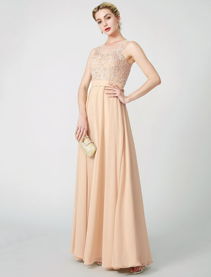 A-Line Classic & Timeless Keyhole Pastel Colors Holiday Cocktail Party Prom Dress Illusion Neck Sleeveless Floor Length Chiffon Beaded Lace with Pleats Appliques