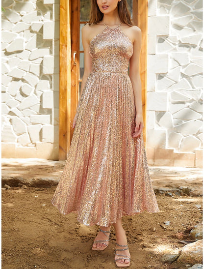 A-Line Bridesmaid Dress Halter Neck Sleeveless Glitter & Sparkle Ankle Length Sequined with Ruching / Solid Color