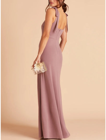 Sheath / Column Bridesmaid Dress Square Neck Sleeveless Pink Floor Length Stretch Chiffon with Split Front / Ruching