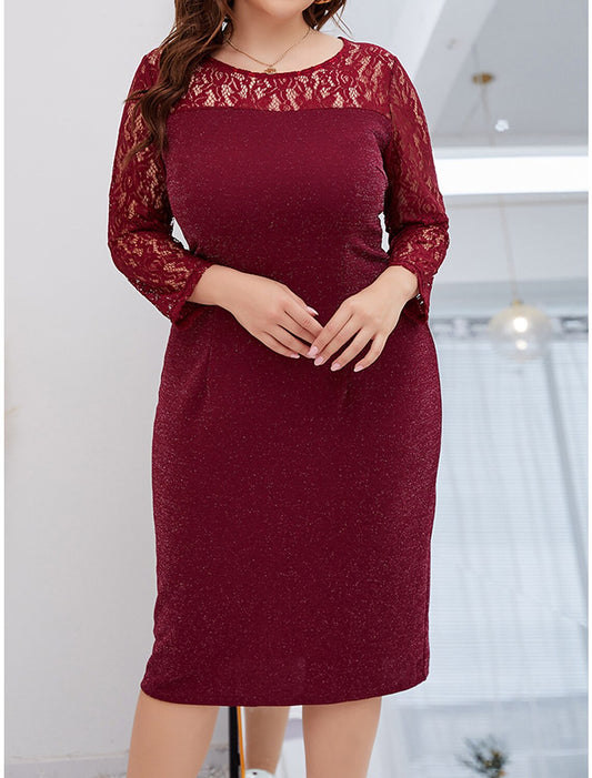 Women's Plus Size Party Dress Lace Dress Cocktail Dress Midi Dress Wine Long Sleeve Plain Lace Summer Spring Fall Crew Neck Elegant Wedding Guest Birthday Vacation