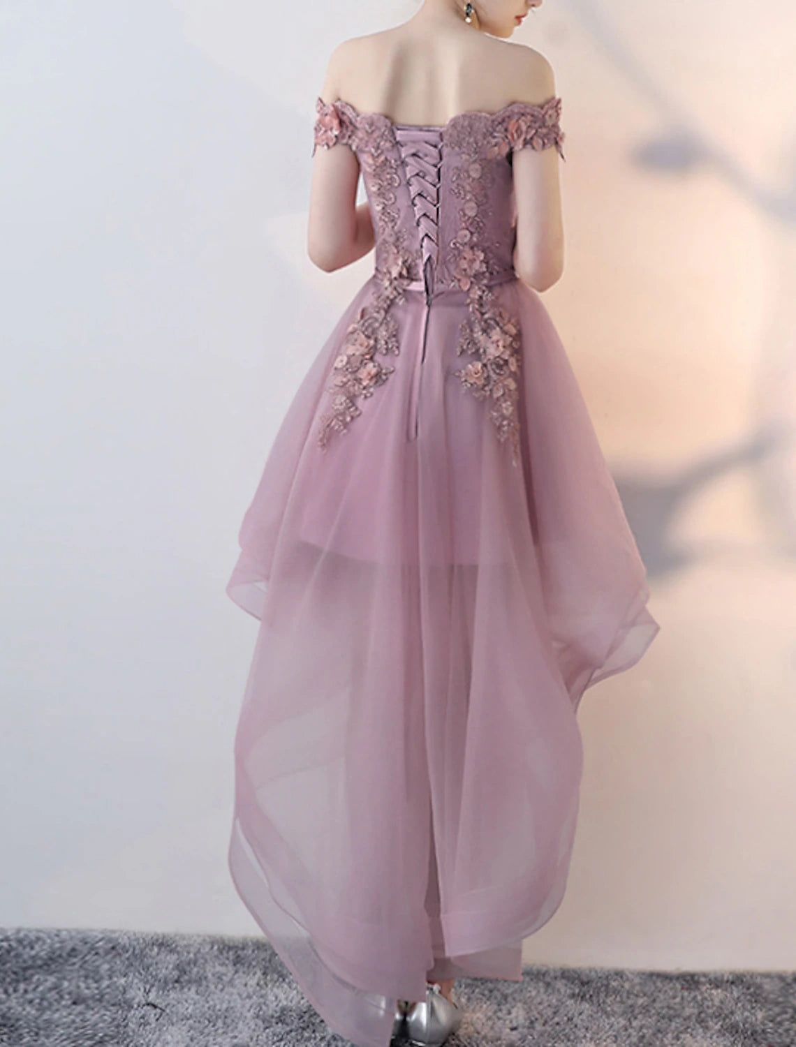 A-Line Prom Party Dress Floral Dress Wedding Guest Prom Asymmetrical Short Sleeve Off Shoulder Tulle with Appliques