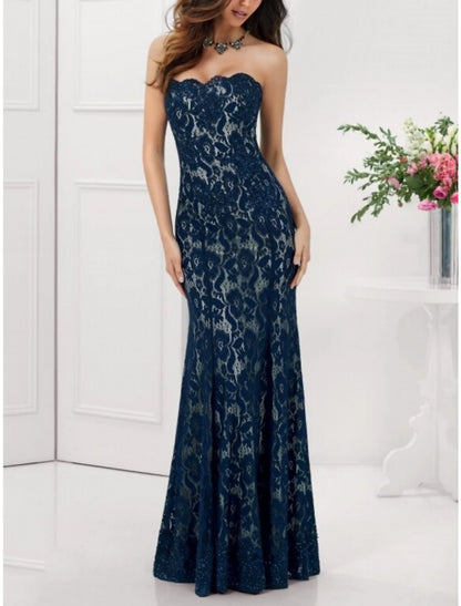 Sheath / Column Mother of the Bride Dress Formal Party Elegant Strapless Floor Length Lace 3/4 Length Sleeve with Pleats Sequin