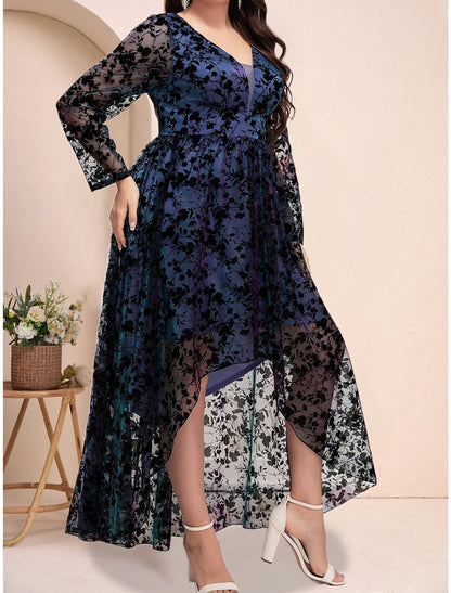 A-Line Plus Size Curve Mother of the Bride Dress Wedding Guest Plus Size Elegant V Neck Asymmetrical Ankle Length Lace Long Sleeve with Pleats