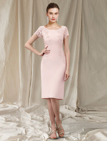 Sheath / Column Mother of the Bride Dress Elegant Jewel Neck Knee Length Lace Stretch Fabric Short Sleeve with Appliques