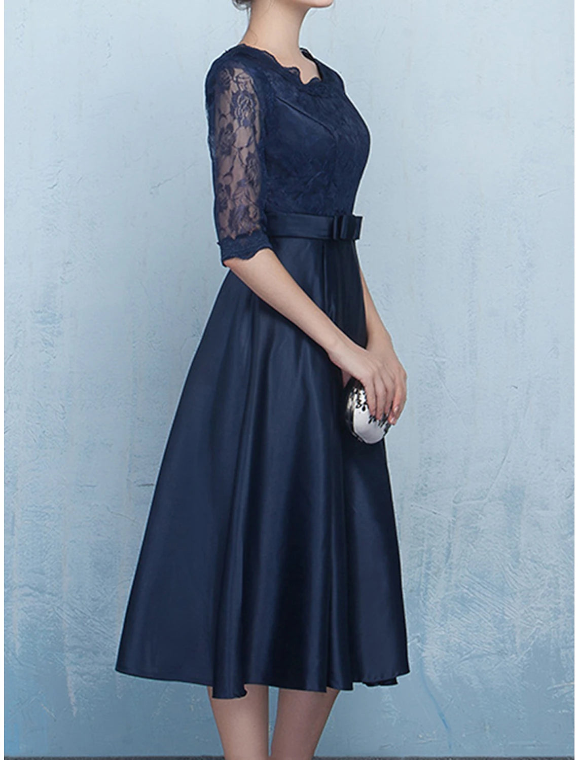 Women's Party Dress Black Dress Lace Dress Cocktail Dress Midi Dress Black Champagne Red Half Sleeve Pure Color Lace Spring Fall Winter Crew Neck Fashion Wedding Guest