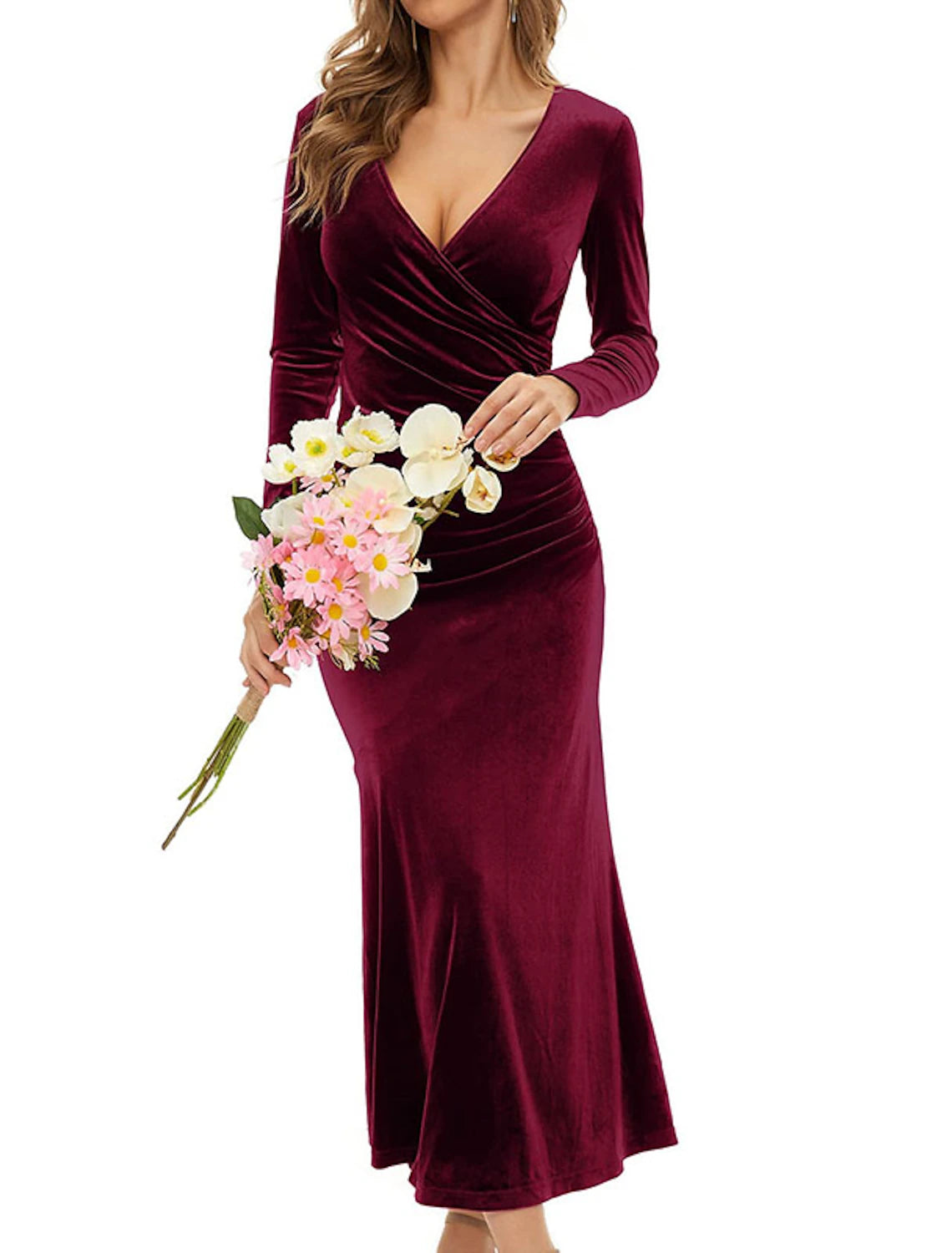 Women's Party Dress Velvet Dress Wedding Guest Dress Sheath Dress Trumpet / Mermaid Dress Long Dress Maxi Dress Black Wine Purple Long Sleeve Pure Color Ruched Fall V Neck