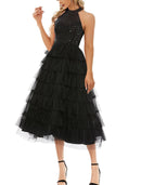 A-Line Cocktail Dresses Sparkle & Shine Dress Wedding Guest Semi Formal Tea Length Sleeveless High Neck Tulle with Sequin