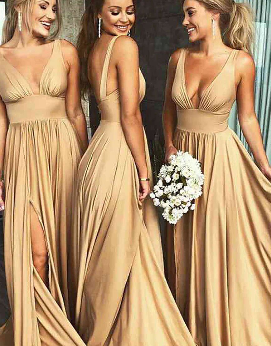 A-Line Elastic Satin Long Bridesmaid Dress With Split