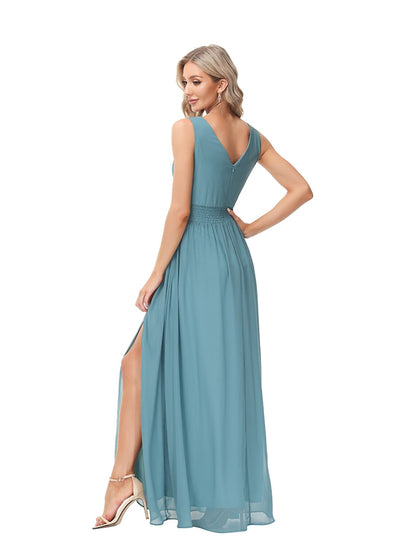 A-Line Evening Gown Empire Dress Party Wear Wedding Guest Floor Length Sleeveless V Neck Bridesmaid Dress Chiffon V Back with Slit