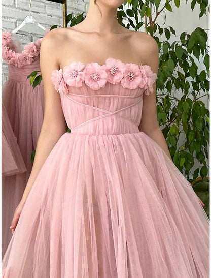 Women's Party Dress Homecoming Dress Cocktail Dress Midi Dress Pink Sleeveless Pure Color Mesh Spring Fall Winter Strapless Fashion Wedding Guest Birthday Vacation