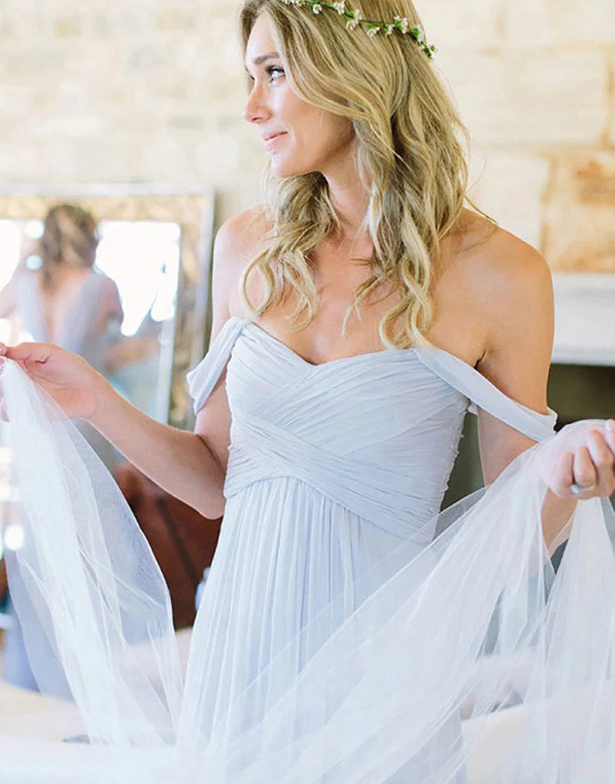 Light Blue Off The Shoulder Long Chiffon Bridesmaid Dress