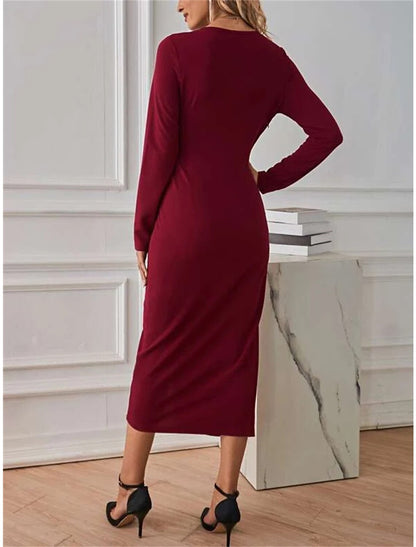 Women's Party Dress Red Christmas Dress Cocktail Dress Dress Midi Dress Wine Long Sleeve Pure Color Split Spring Fall Winter V Neck Winter Dress Christmas