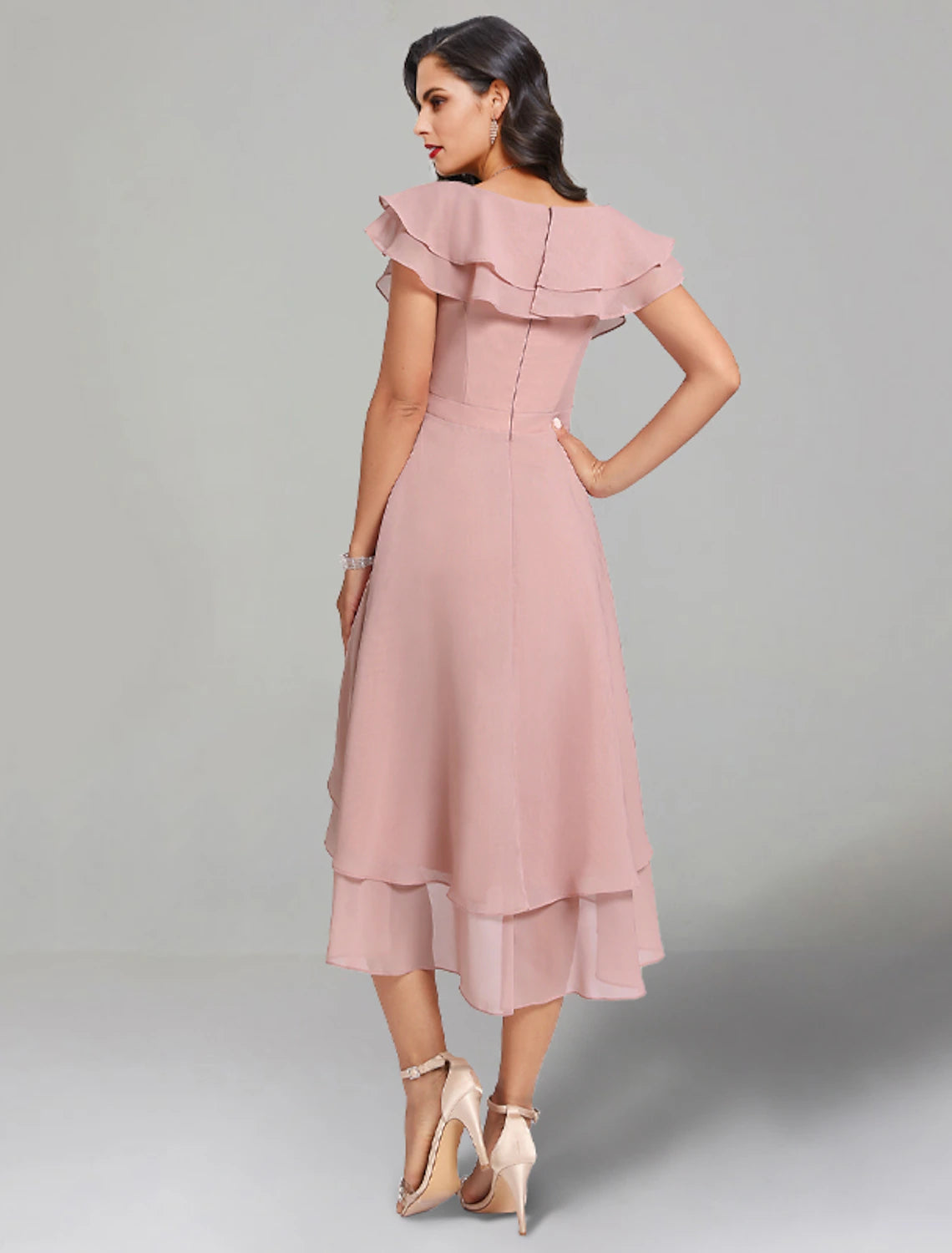 A-Line Wedding Guest Dresses Elegant Dress Cocktail Party Semi Formal Tea Length Short Sleeve V Neck Chiffon with Slit