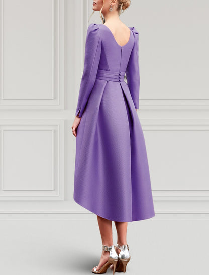 A-Line Cocktail Dresses Elegant Dress Formal Wedding Guest Asymmetrical Long Sleeve Jewel Neck Belt / Sash Taffeta with Pleats