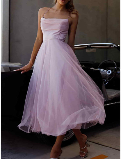 Women's Party Dress Homecoming Dress Wedding Guest Dress Midi Dress Purple Sleeveless Pure Color Mesh Spring Fall Winter Spaghetti Strap Fashion Birthday Wedding Guest Vacation