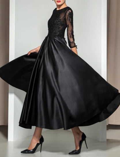 A-Line Elegant Cocktail Party Formal Black Dress Plus Size Evening Dress Illusion Neck 3/4 Length Sleeve Ankle Length Lace with Appliques