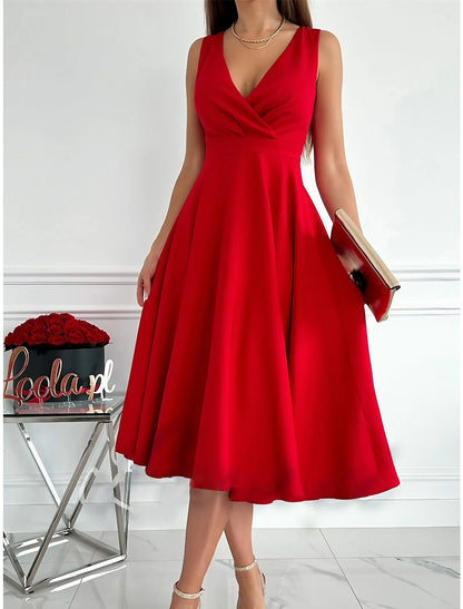 Women's Party Dress New Year's Eve Dress Homecoming Dress Cocktail Dress Midi Dress Light Pink Black Red Sleeveless Ruched Summer Spring V Neck Birthday